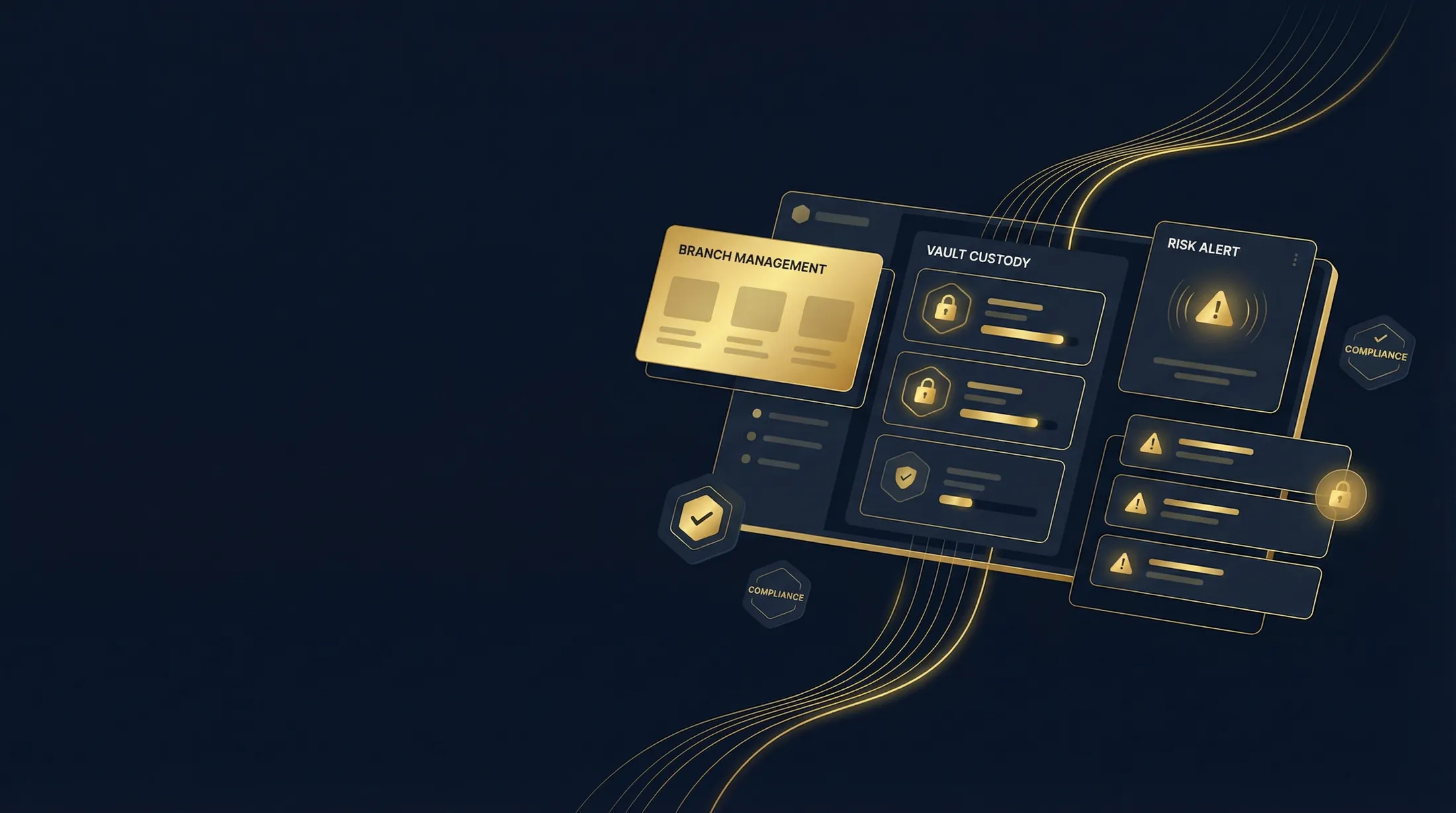 Vault custody, compliance, and risk cards over a dark blue gradient canvas.