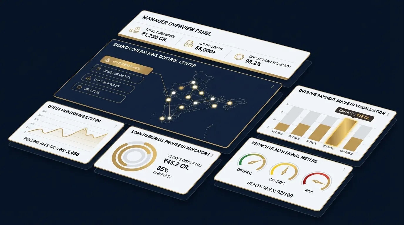 Isometric branch operations cards including map, disbursal progress, and queue monitoring.