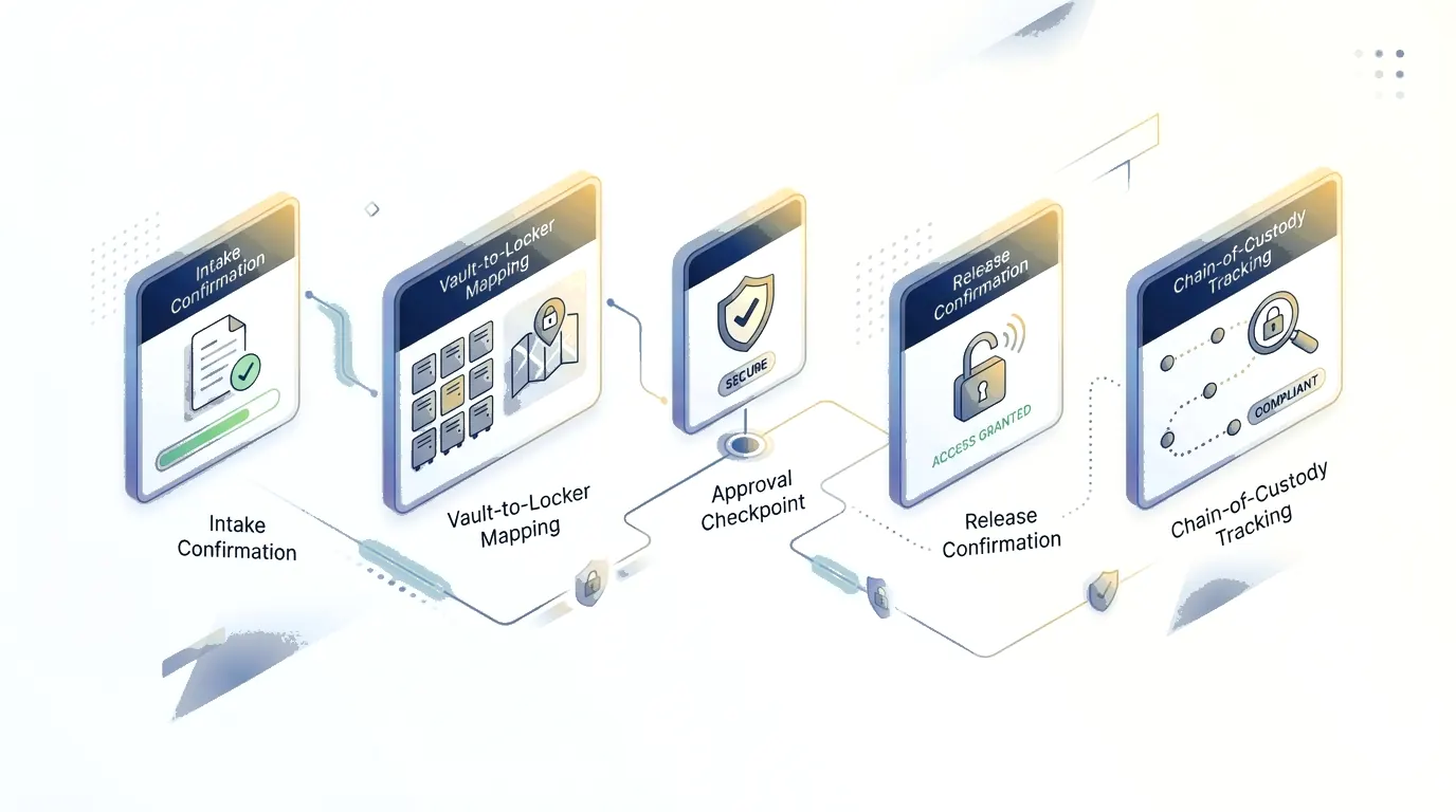 Vault custody workflow cards covering intake, locker mapping, and release confirmation.